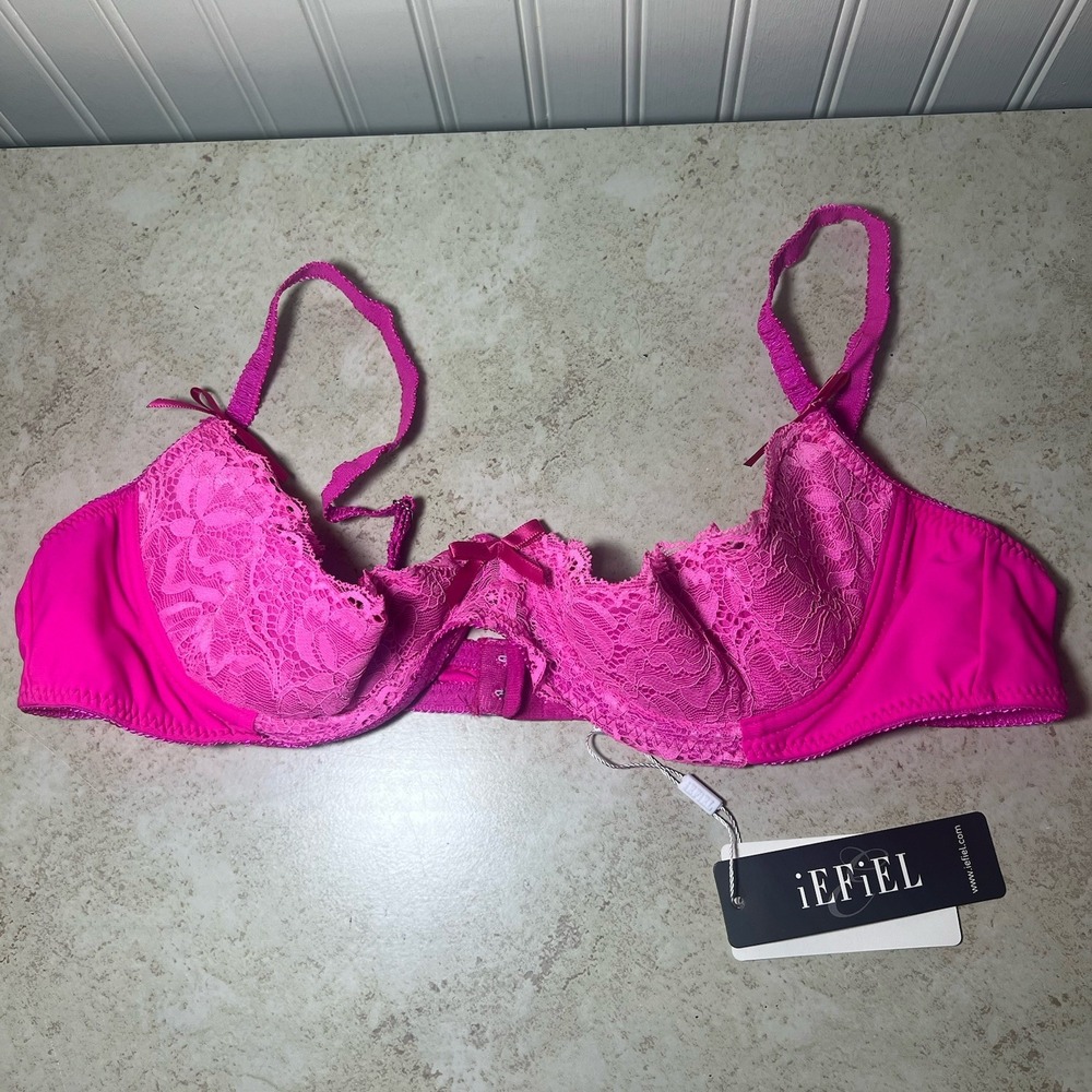 NWT iEFiEL Pink Lace Balconette Underwire Bra Lingerie Size XL Unlined Floral - Picture 1 of 6